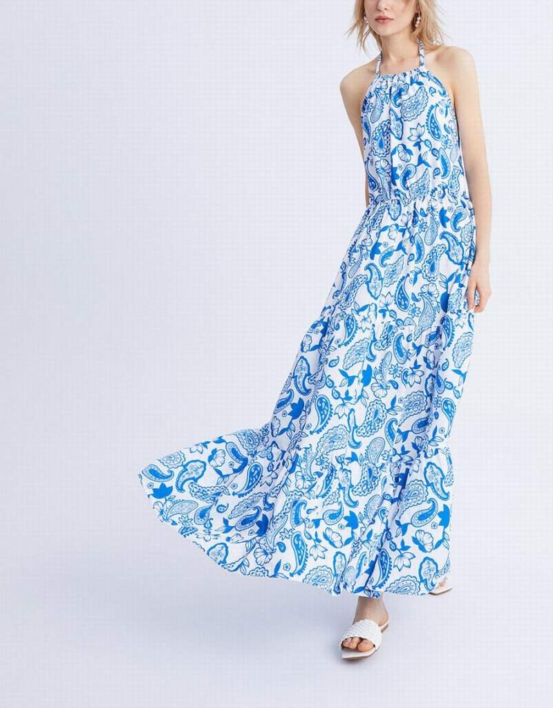 Urban Revivo Paisley Print Halter Maxi Kadın Elbise Mavi | PNR1499BL