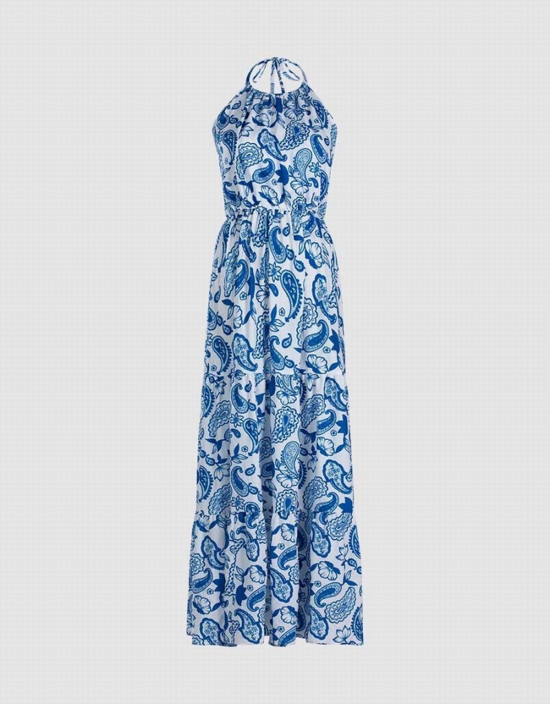 Urban Revivo Paisley Print Halter Maxi Kadın Elbise Mavi | PNR1499BL