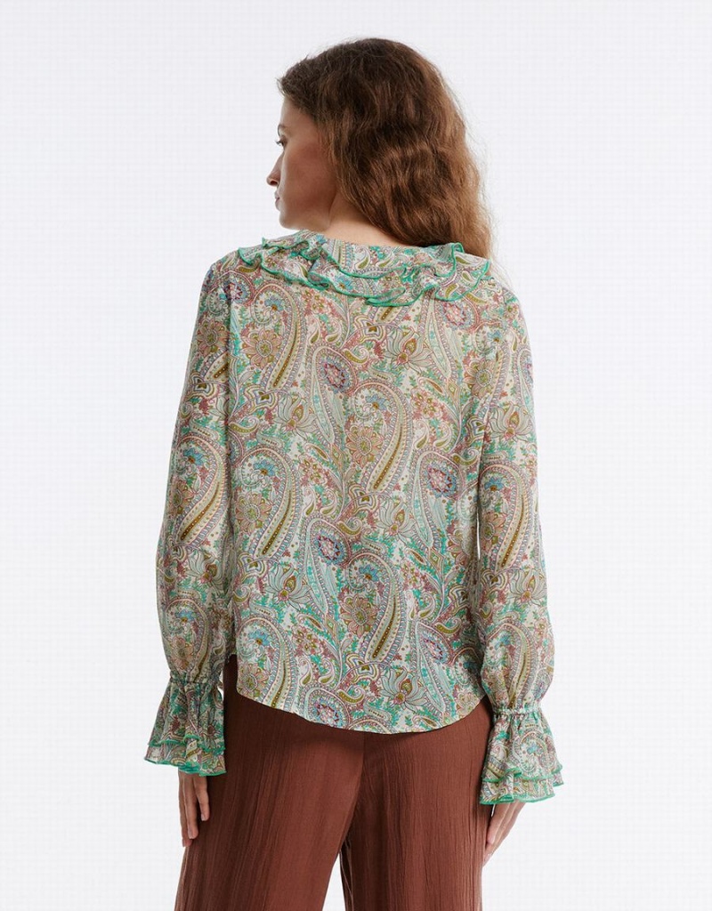 Urban Revivo Paisley Print Ruffled Kadın Gömlek Yeşil | KDE675WG