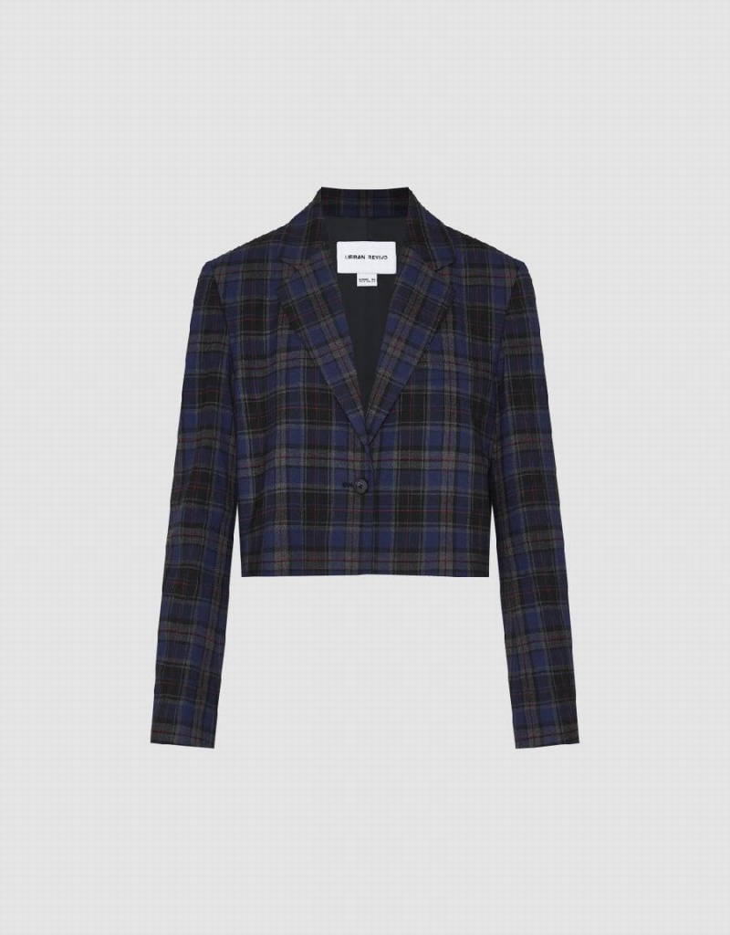 Urban Revivo Plaid Cropped Checkered Kadın Blazerler Mavi | UDU6671NP