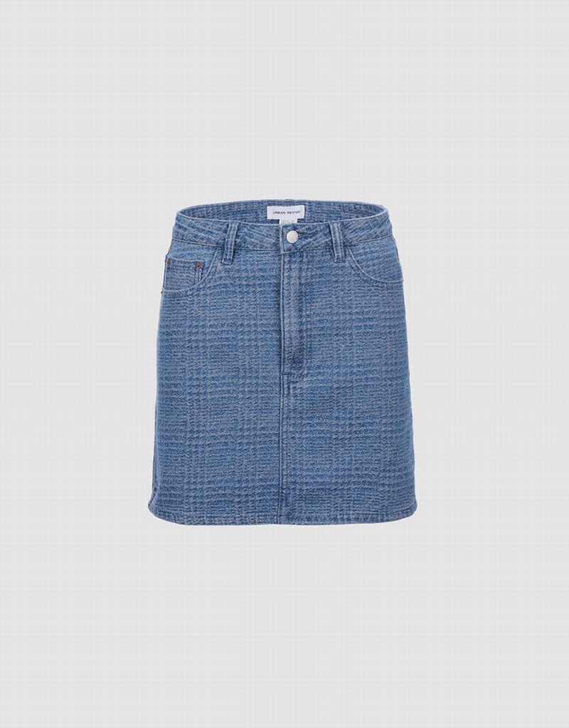 Urban Revivo Plaid Denim Kadın Etek Mavi | XZL4552BN