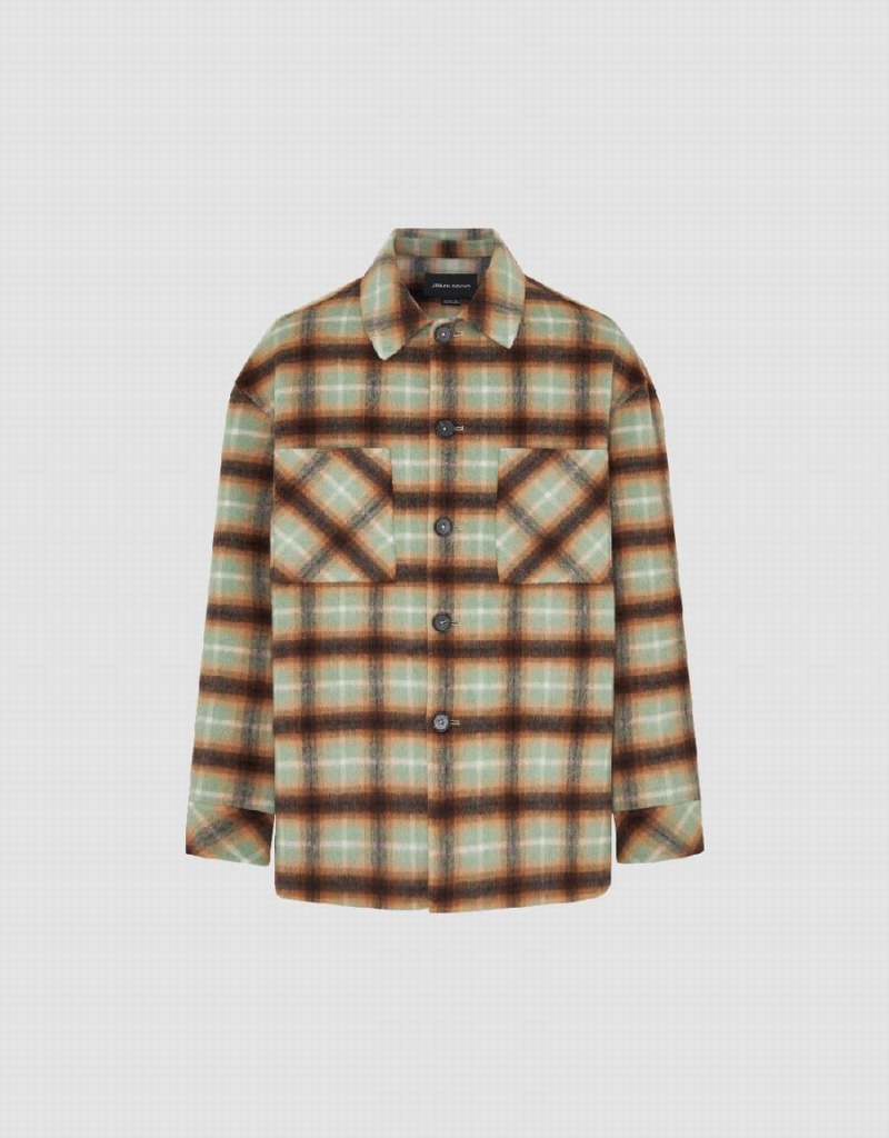 Urban Revivo Plaid Düz Woolen Erkek Mont Yeşil | REF790BZ