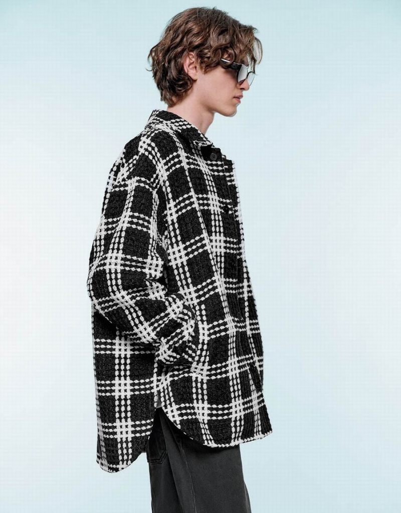 Urban Revivo Plaid Loose Checkered Erkek Mont Siyah | FJT2847XV