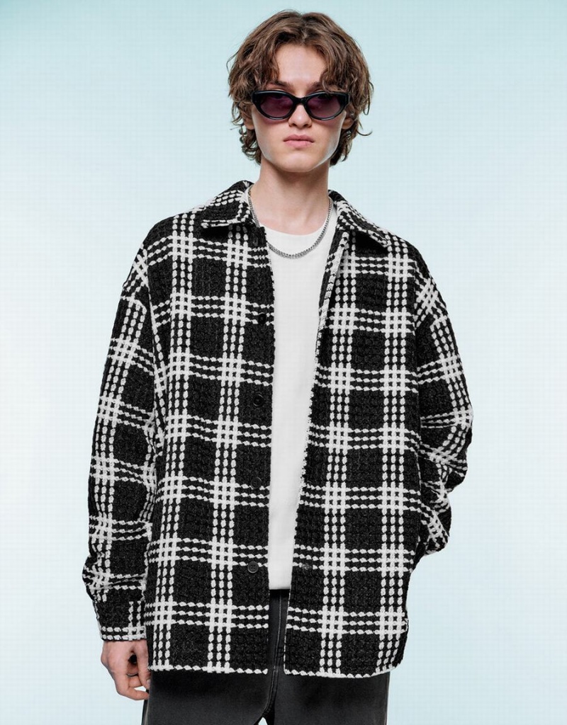 Urban Revivo Plaid Loose Checkered Erkek Mont Siyah | FJT2847XV