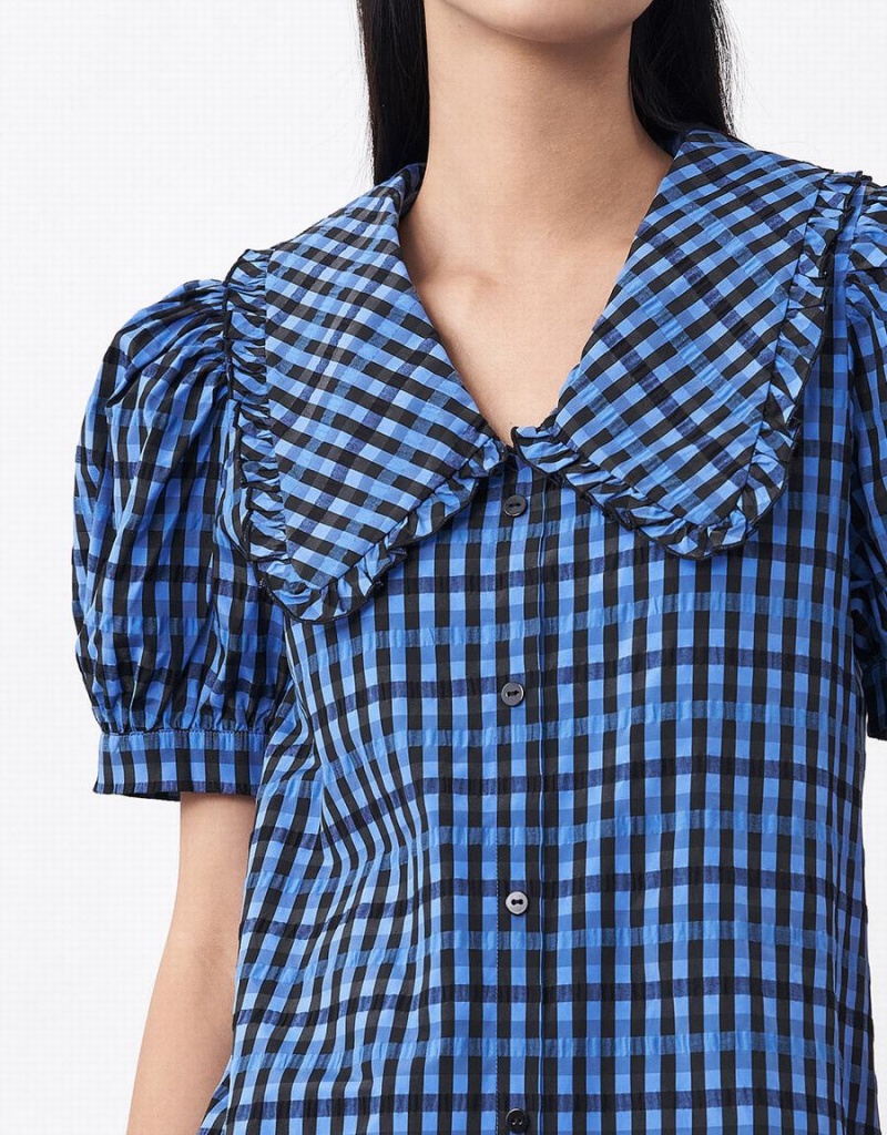 Urban Revivo Plaid Puff Sleeve Ruffle Hem Checkered Kadın Elbise Mavi | FYL8558VS