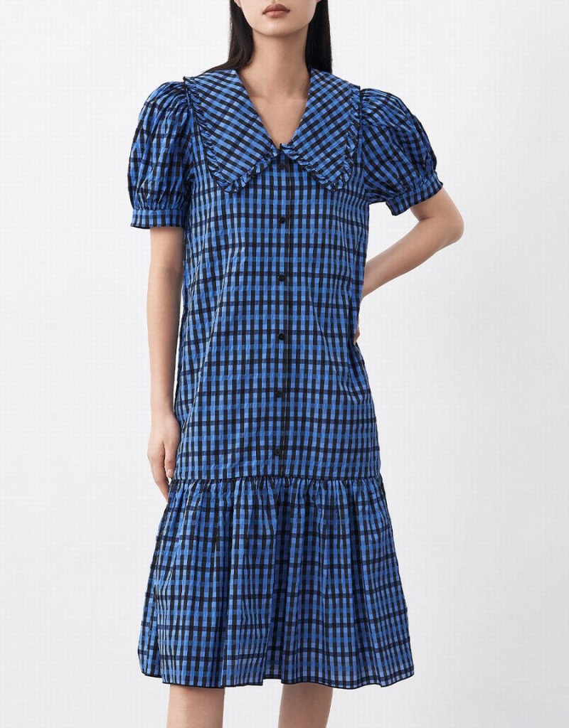 Urban Revivo Plaid Puff Sleeve Ruffle Hem Checkered Kadın Elbise Mavi | FYL8558VS