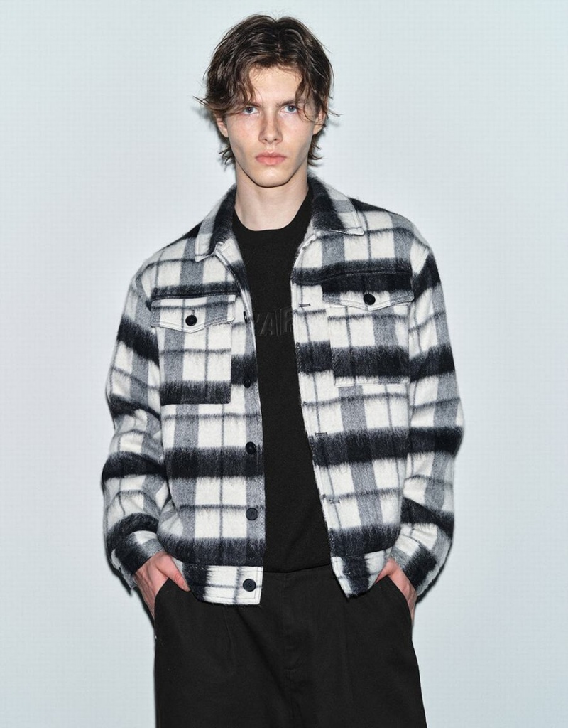 Urban Revivo Plaid Woolen Düz Erkek Mont Siyah | ZRQ7286SM