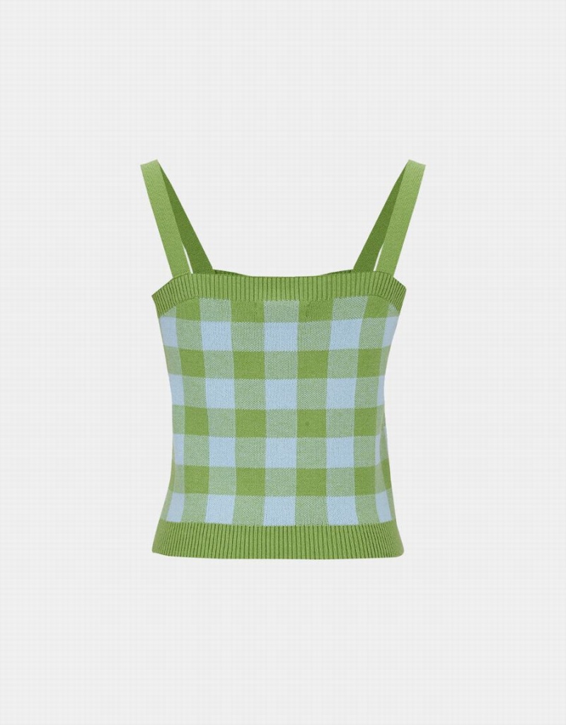 Urban Revivo Plaid Örme Cami Checkered Kadın Atlet Mavi | RBA6579WS