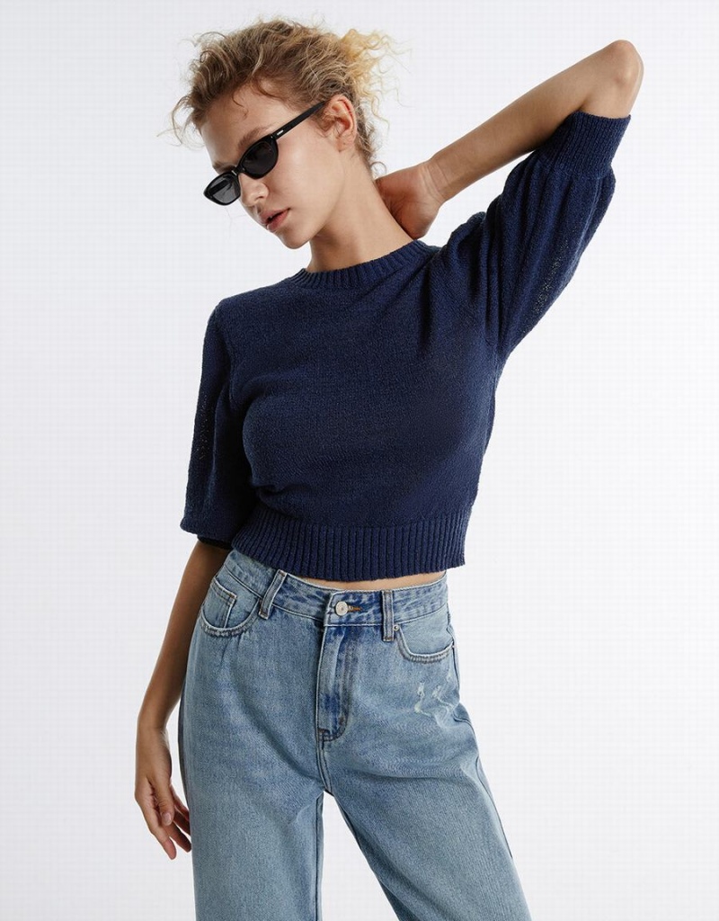 Urban Revivo Plain Cropped Kadın Kazak Mavi | IDG8125PU