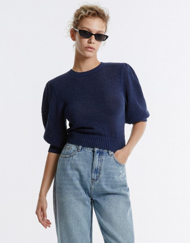 Urban Revivo Plain Cropped Kadın Kazak Mavi | IDG8125PU