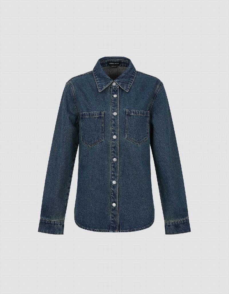 Urban Revivo Press Buttoned Denim Kadın Gömlek Mavi | VJI1364SG