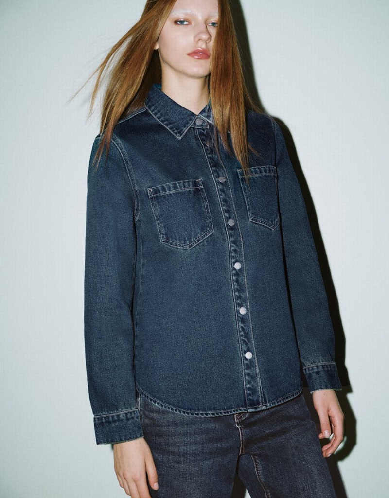 Urban Revivo Press Buttoned Denim Kadın Gömlek Mavi | VJI1364SG