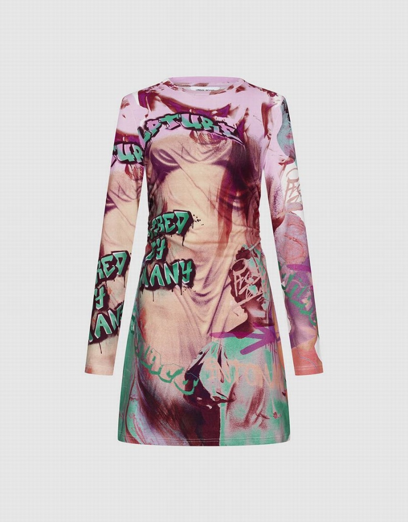 Urban Revivo Printed Crew Neck Sıska Kadın Elbise Pembe Renkli | UOH4992FY