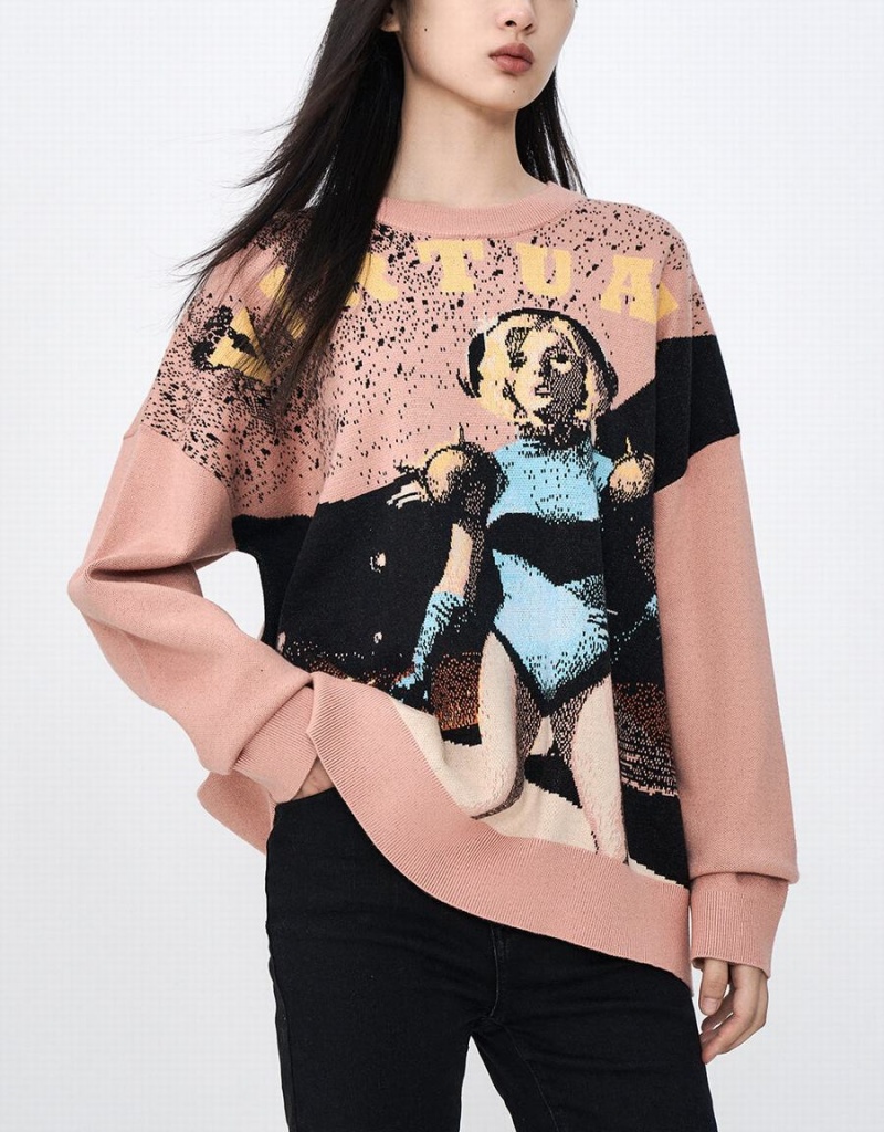 Urban Revivo Printed Crew Neck Örme Kadın Hırka Pembe Renkli | KRY7243GU