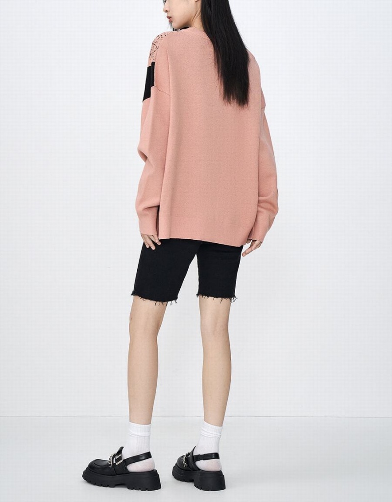 Urban Revivo Printed Crew Neck Örme Kadın Hırka Pembe Renkli | KRY7243GU