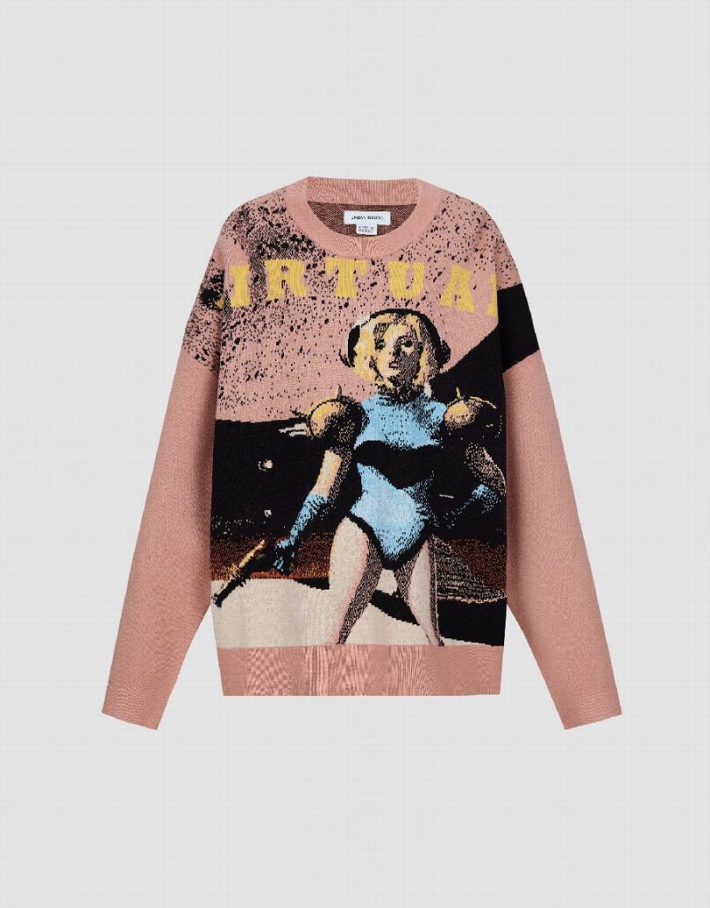 Urban Revivo Printed Crew Neck Örme Kadın Hırka Pembe Renkli | KRY7243GU