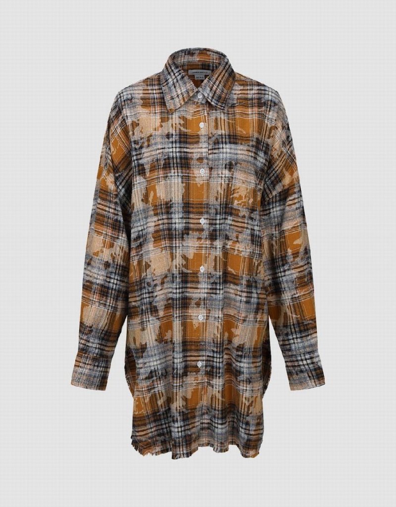 Urban Revivo Printed Plaid Button Up Düz Kadın Gömlek Sarı | UNH1226YK