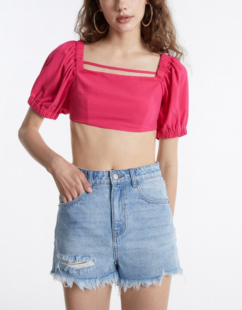 Urban Revivo Puff Sleeve Crop Top Kadın Tişört Kırmızı | YOC7056YK