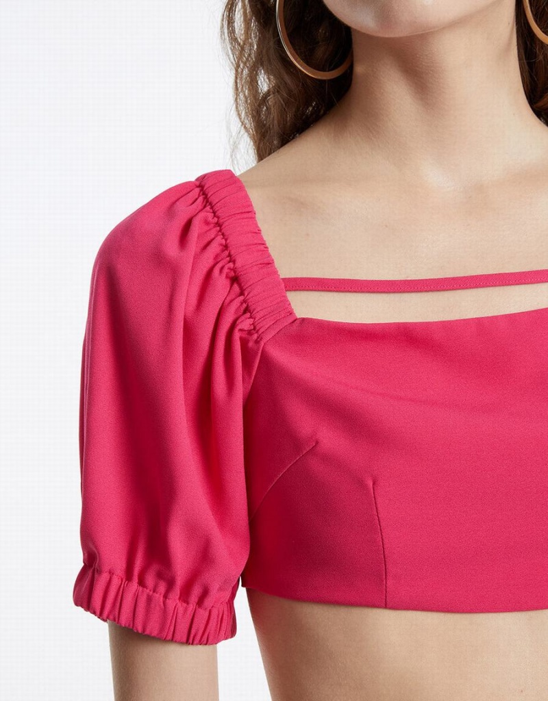 Urban Revivo Puff Sleeve Crop Top Kadın Tişört Kırmızı | YOC7056YK