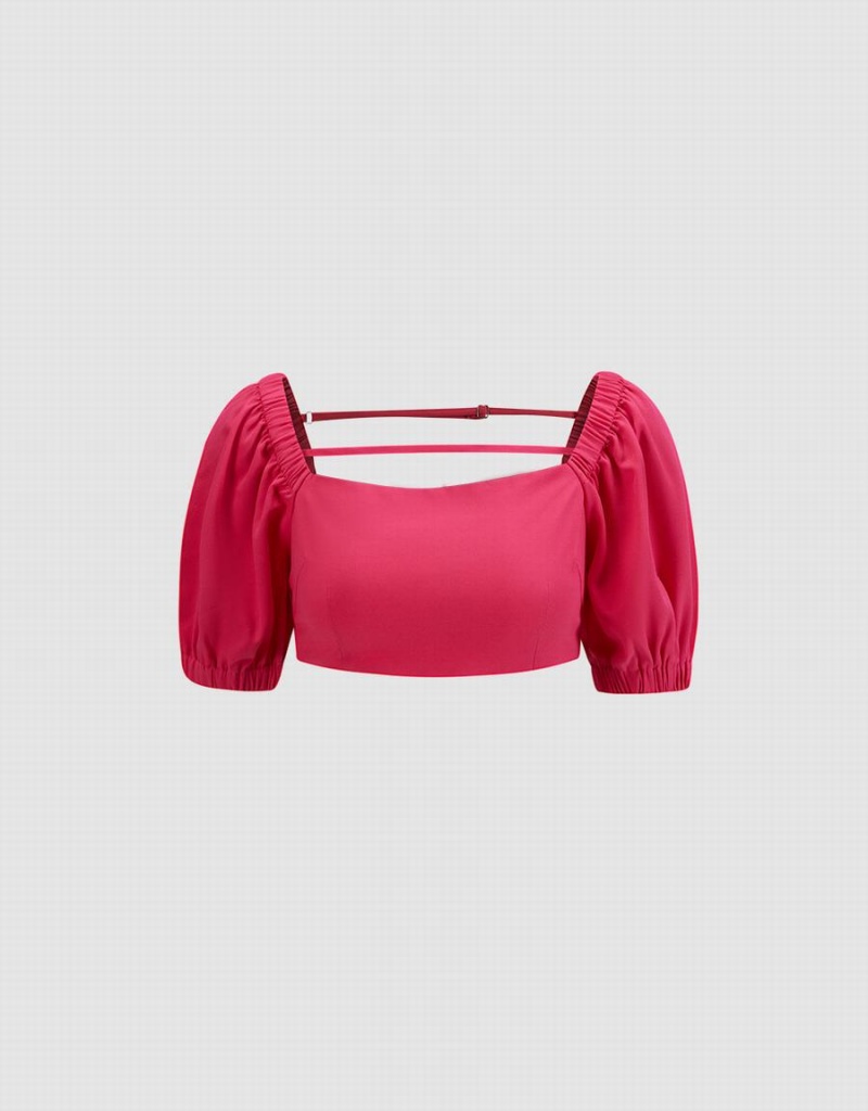 Urban Revivo Puff Sleeve Crop Top Kadın Tişört Kırmızı | YOC7056YK