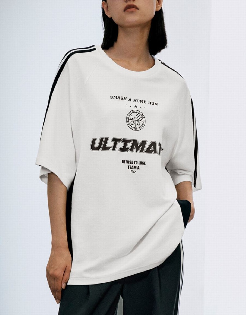 Urban Revivo Raglan Sleeve Crew Neck Loose Kadın Tişört Beyaz | FHW9751YR