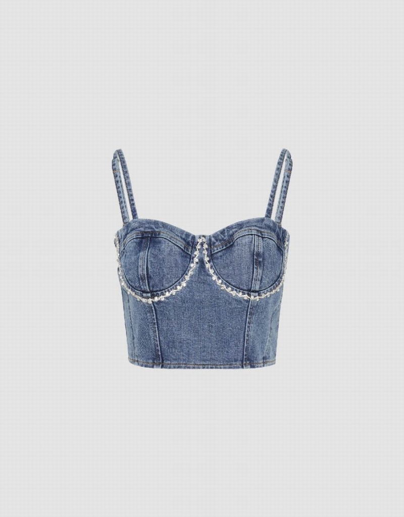 Urban Revivo Rhinestone Decor Off-Shoulder Denim Cami Top Kadın Gömlek Mavi | VRB4024TH