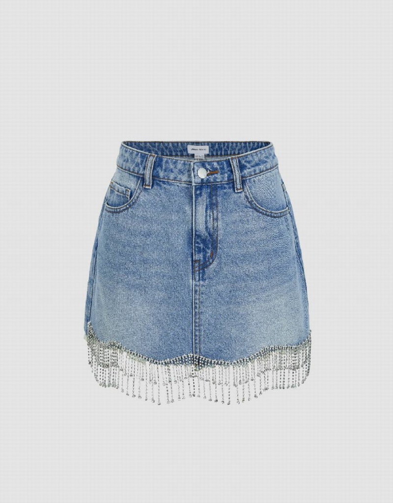 Urban Revivo Rhinestone Hem Mini Düz Denim Kadın Etek Mavi | CHX898BF