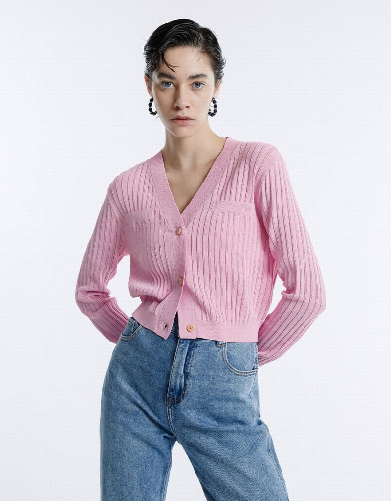 Urban Revivo Rib Knit Cropped Kadın Hırka Pembe | EFN4251YG