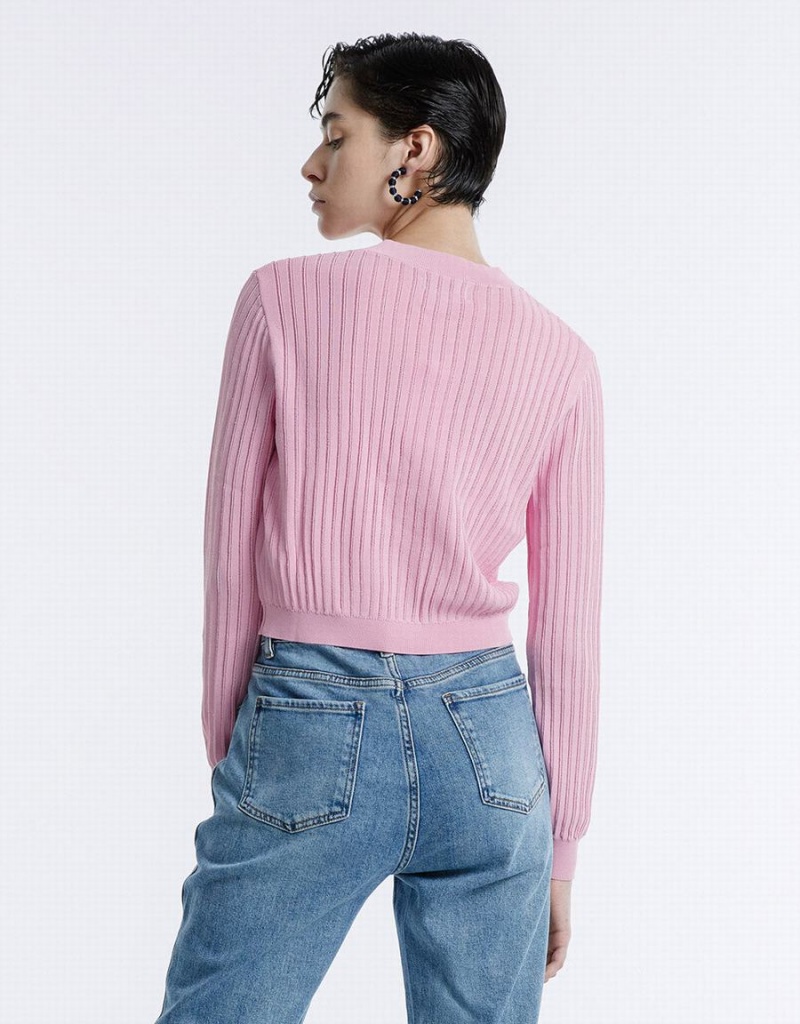 Urban Revivo Rib Knit Cropped Kadın Hırka Pembe | EFN4251YG