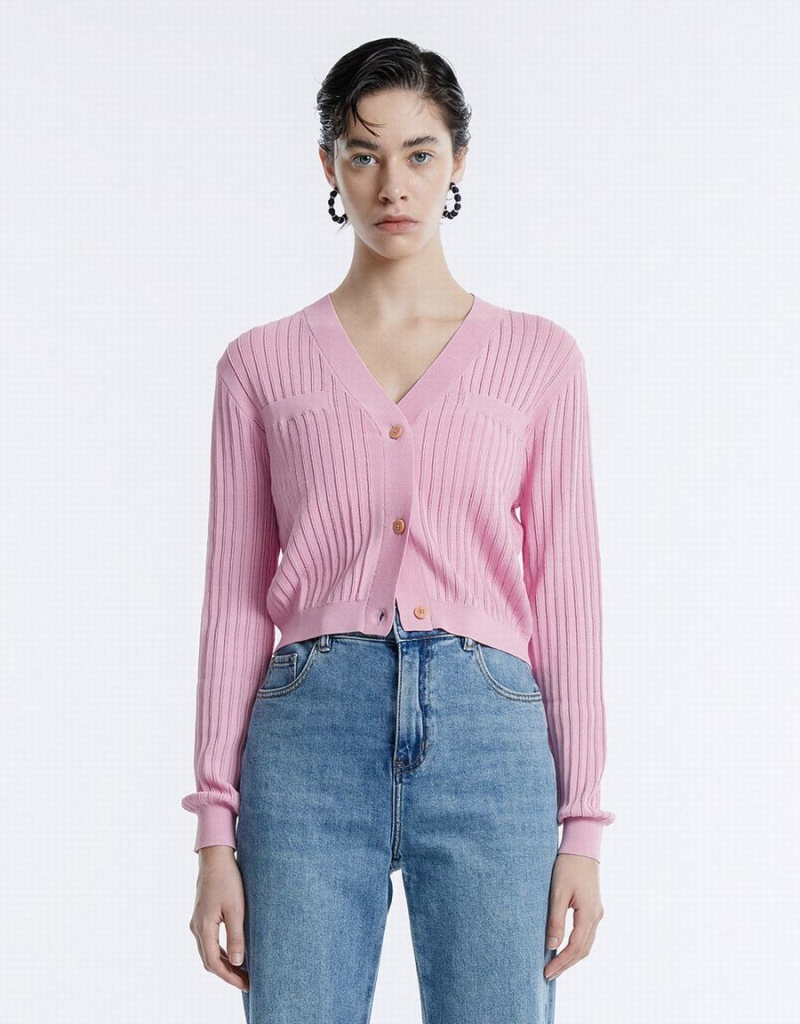 Urban Revivo Rib Knit Cropped Kadın Hırka Pembe | EFN4251YG