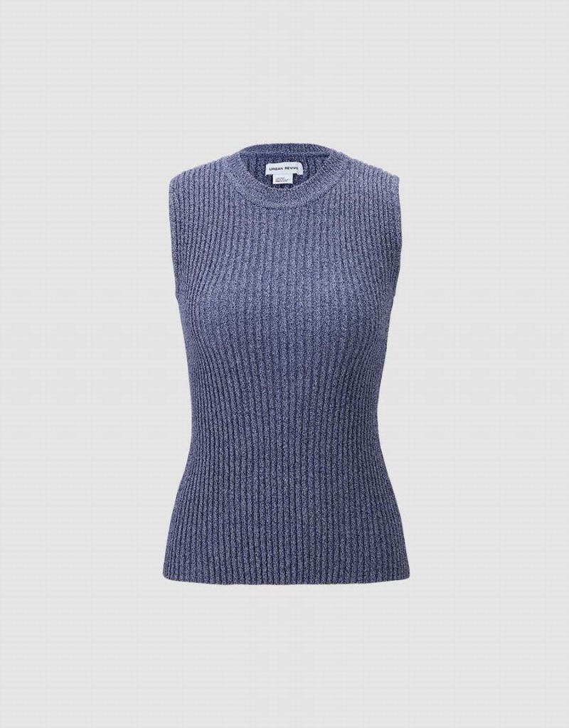 Urban Revivo Rib Knit Kadın Atlet Mavi | DZU731LK