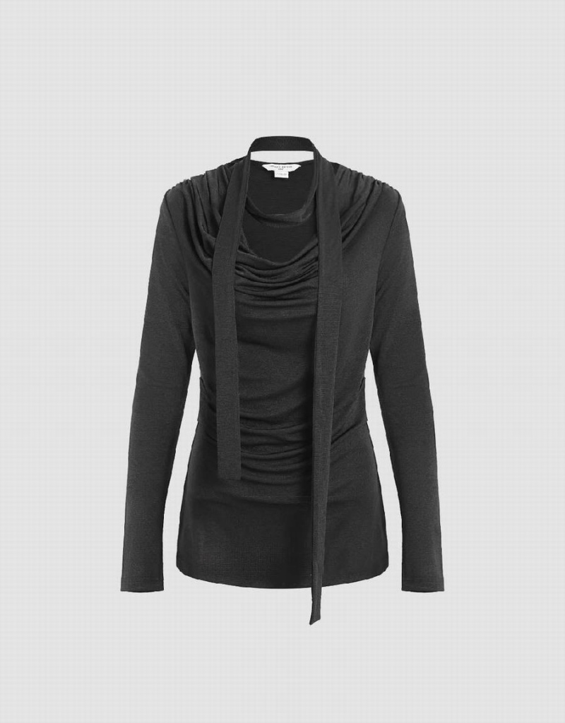 Urban Revivo Ruched Cowl Neck Sıska With Tie Kadın Tişört Siyah | DAZ10100QJ