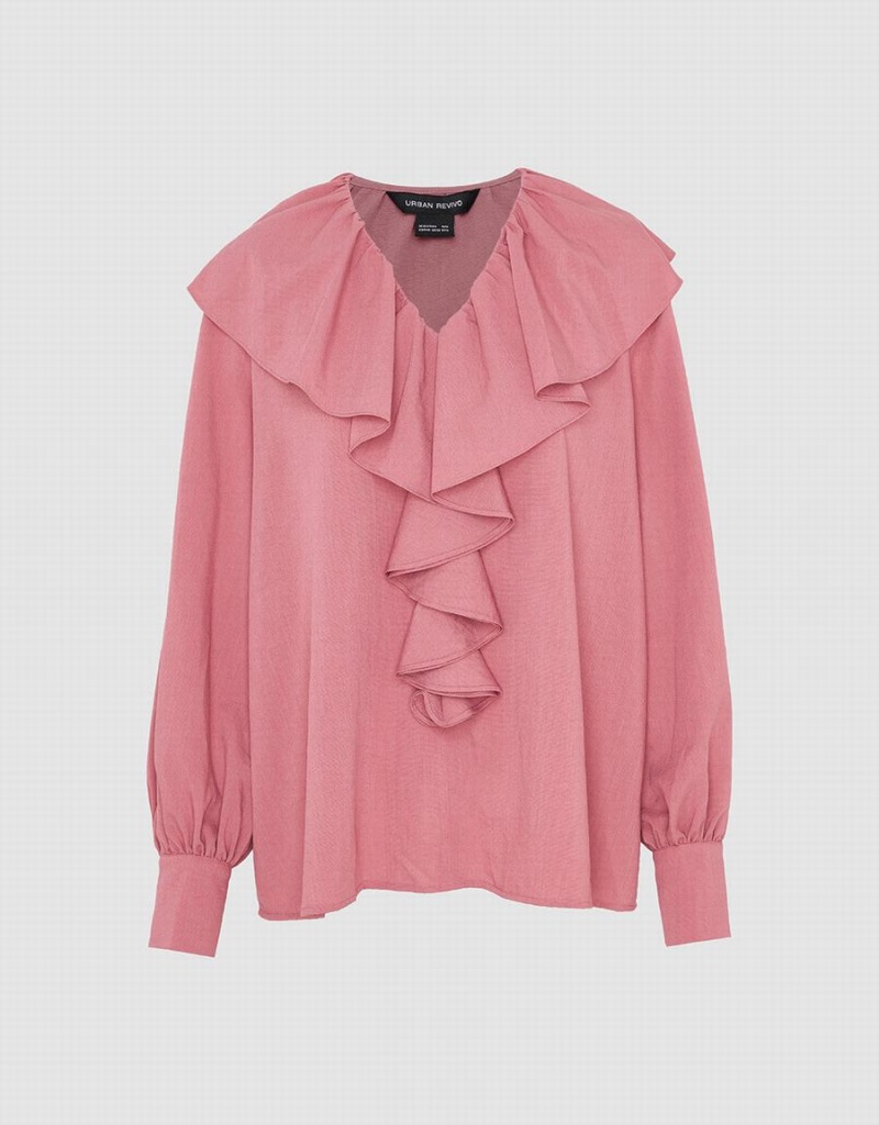 Urban Revivo Ruffle V-Neck Overhead Kadın Bluz Pembe | LHB743HA