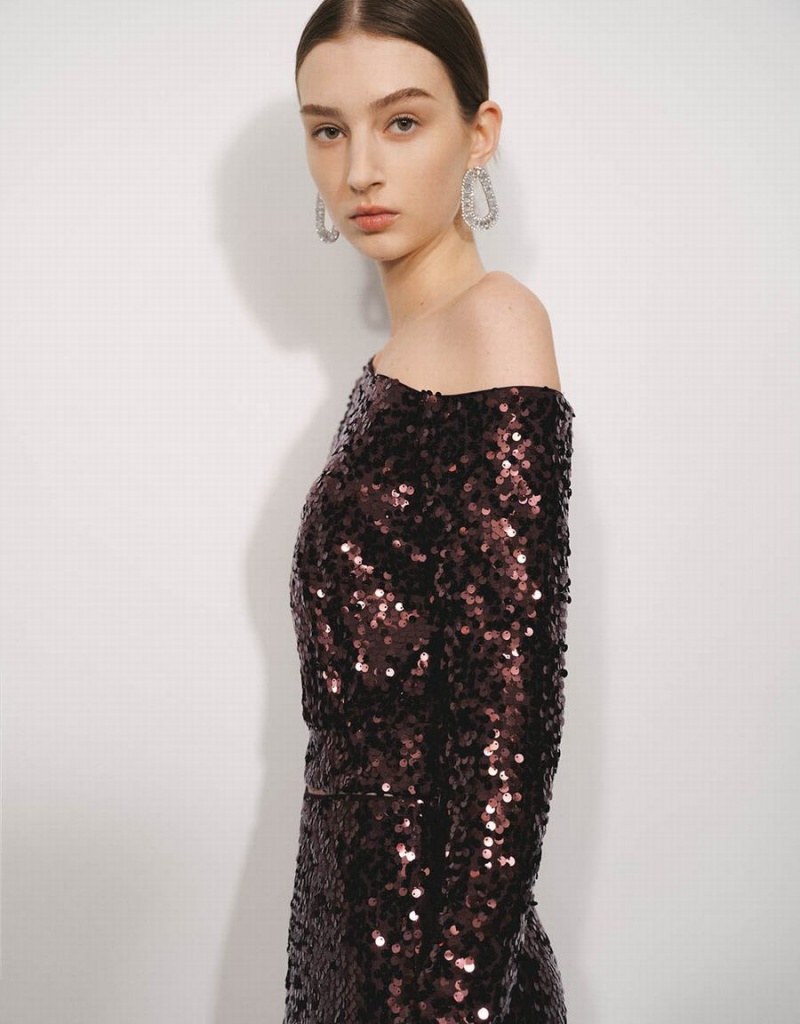 Urban Revivo Sequins One Shoulder Düz Kadın Tişört Mor | IKE257BL