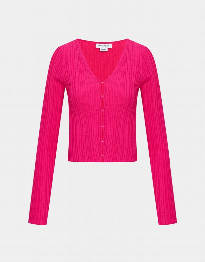 Urban Revivo Textured Rib Knit Kadın Hırka Pembe Kırmızı | SEH4499KO