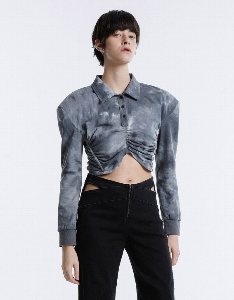 Urban Revivo Tie-Dye Ruched Crop Kadın Bluz Gri | KOM8496MW