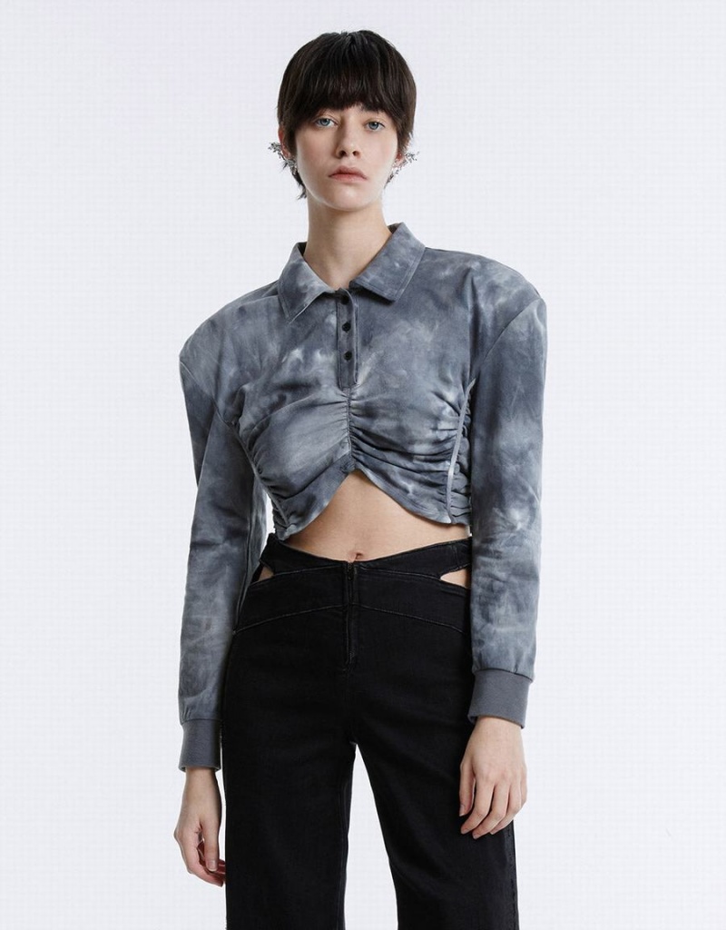 Urban Revivo Tie-Dye Ruched Crop Kadın Bluz Gri | KOM8496MW