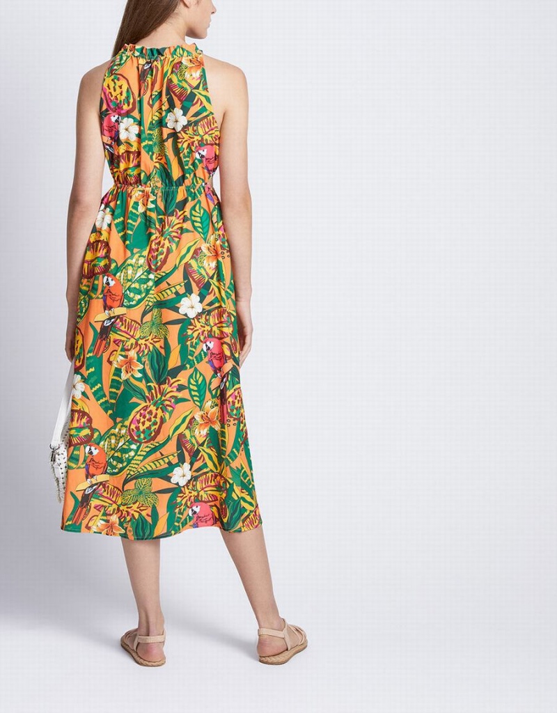 Urban Revivo Tropical Print Cut Out Kolsuz Midi Sun Kadın Elbise Sarı | NIN257DB