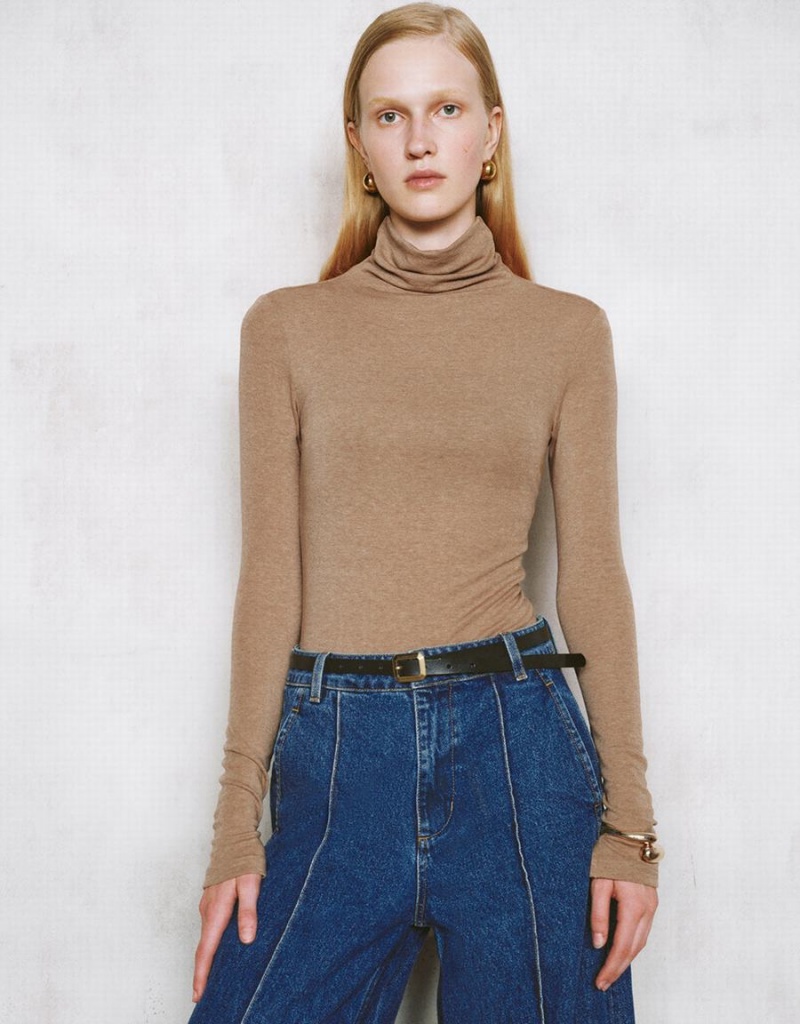 Urban Revivo Turtle Neck Sıska Kadın Tişört Haki | TMQ2442DZ