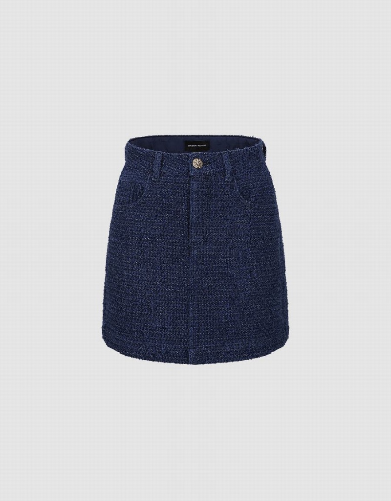 Urban Revivo Tweed Mini A-Line Denim Kadın Etek Mavi | VAH2588CU