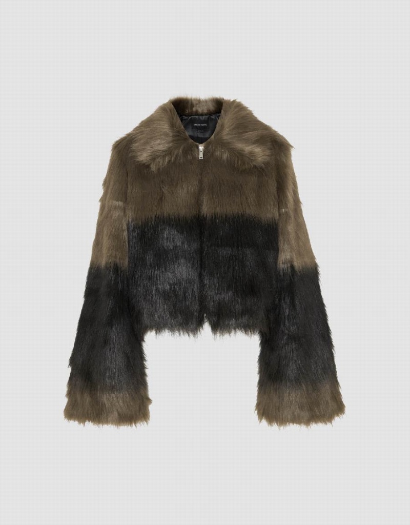 Urban Revivo Two Toned Fermuarlı Front Furry Kadın Kaban Koyu Haki | TRU2488MN