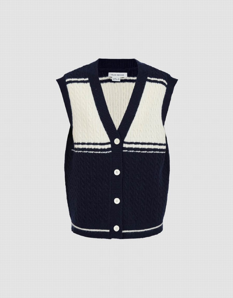 Urban Revivo Two Toned Örme V-Neck Waistcoat Kadın Kaban Mavi | CEQ8463IL