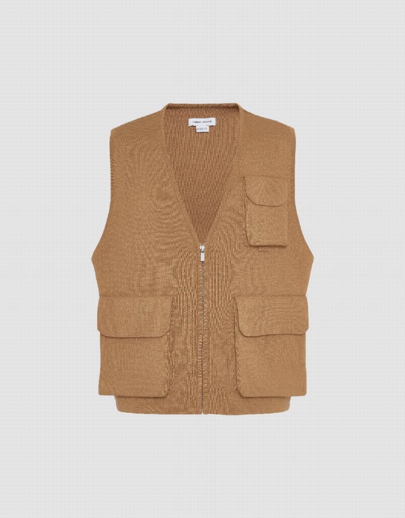 Urban Revivo V-Neck Örme Waistcoat Erkek Kaban Haki Kahverengi | TBS1002KJ