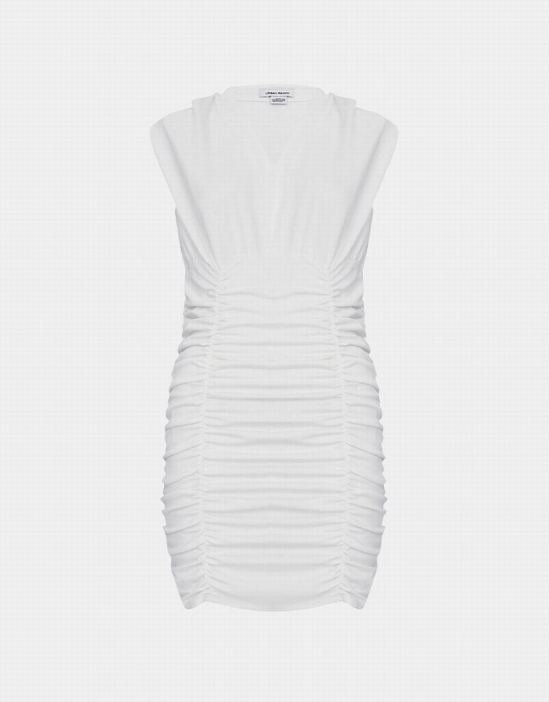 Urban Revivo V Neck Ruched Kolsuz Bodycon Kadın Elbise Beyaz | KKD3410YY