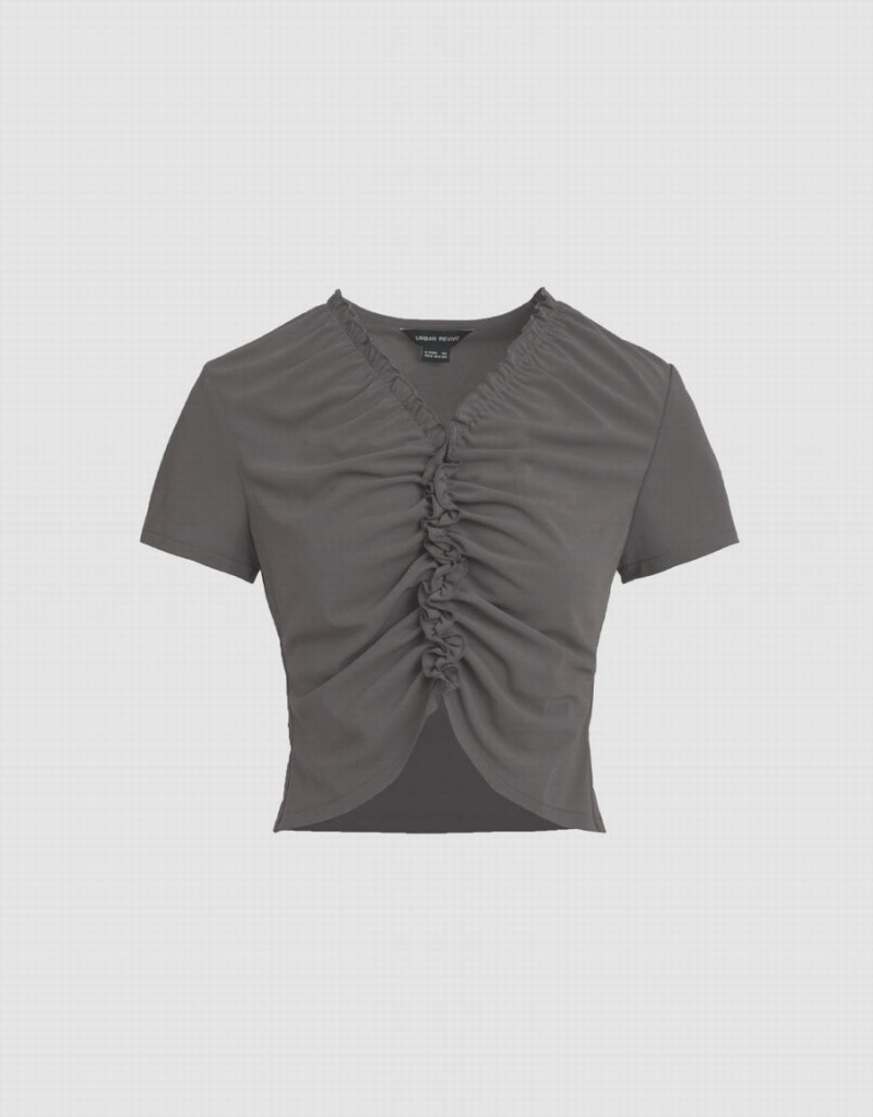 Urban Revivo Wave Trim V-Neck Kadın Tişört Açık Gri | RLN6153OL