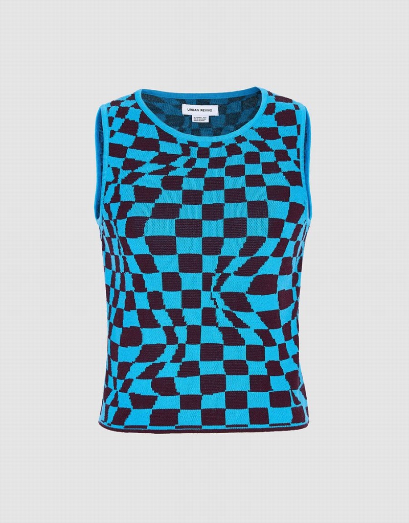 Urban Revivo Wavy Checkered Örme Kadın Atlet Mavi | QNI2538VJ