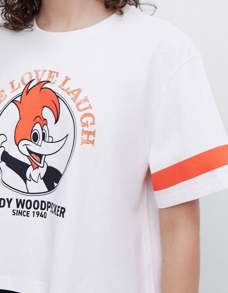 Urban Revivo Woody Woodpecker Crop Kadın Tişört Pembe Beyaz | FMS2110ZV