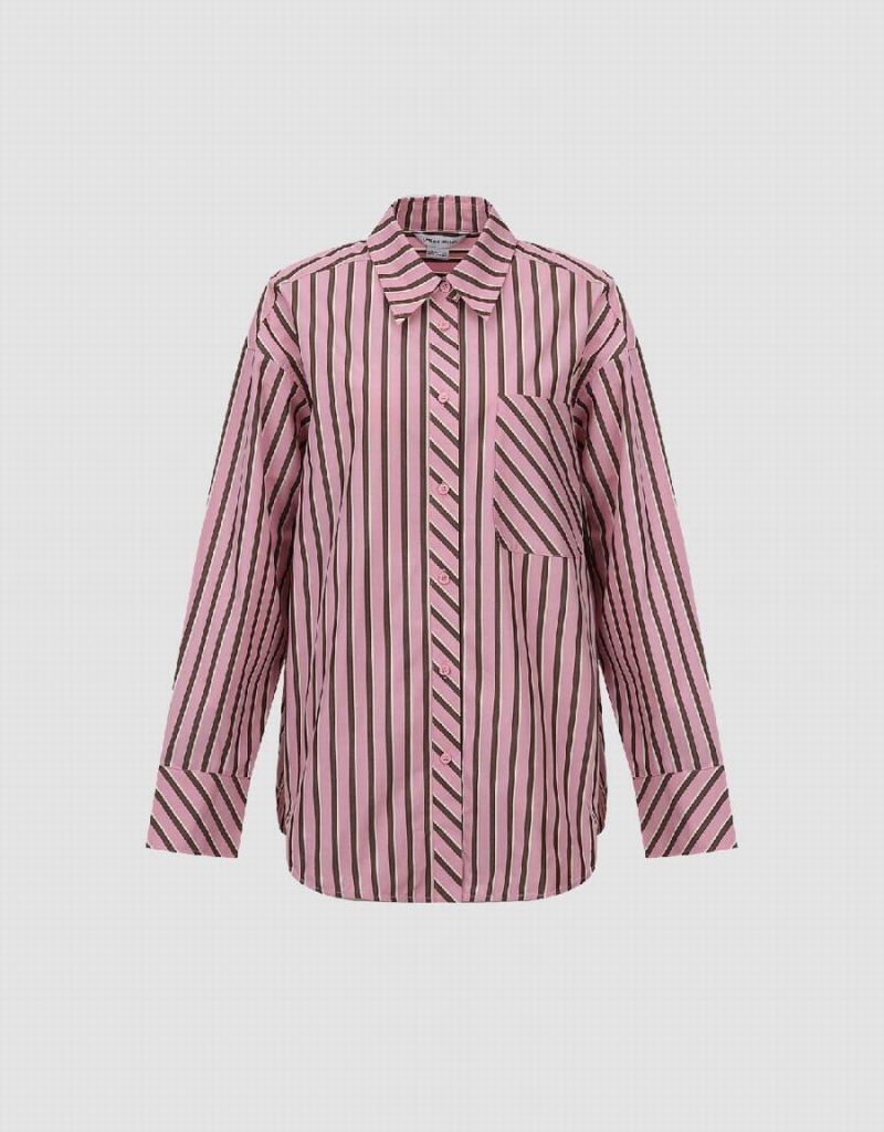 Urban Revivo Çizgili Button Up Kadın Gömlek Pembe | JVM10083MH