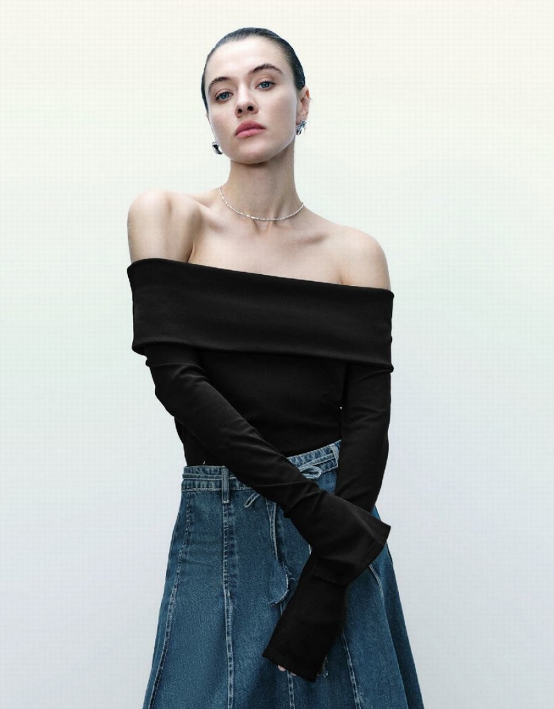 Urban Revivo Örme Off-Shoulder Sıska Kadın Tişört Siyah | OGB7255QV